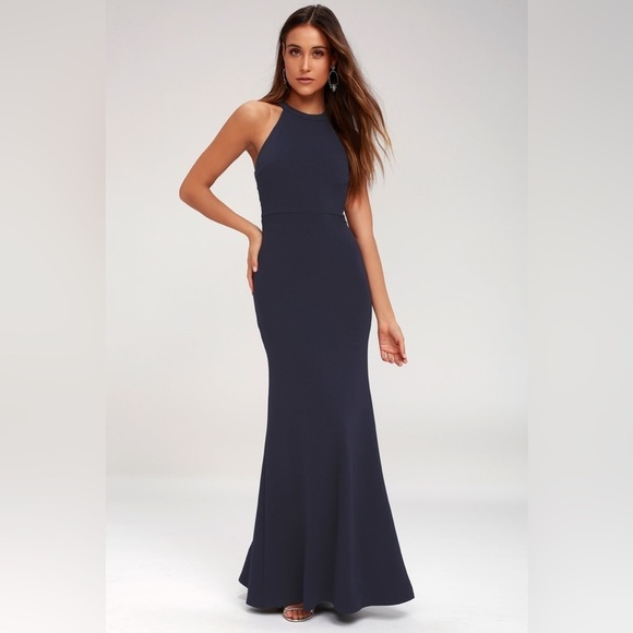 Lulus Joella Lace Halter Maxi Dress in Navy Blue Sz. Small NWT - Picture 4 of 13